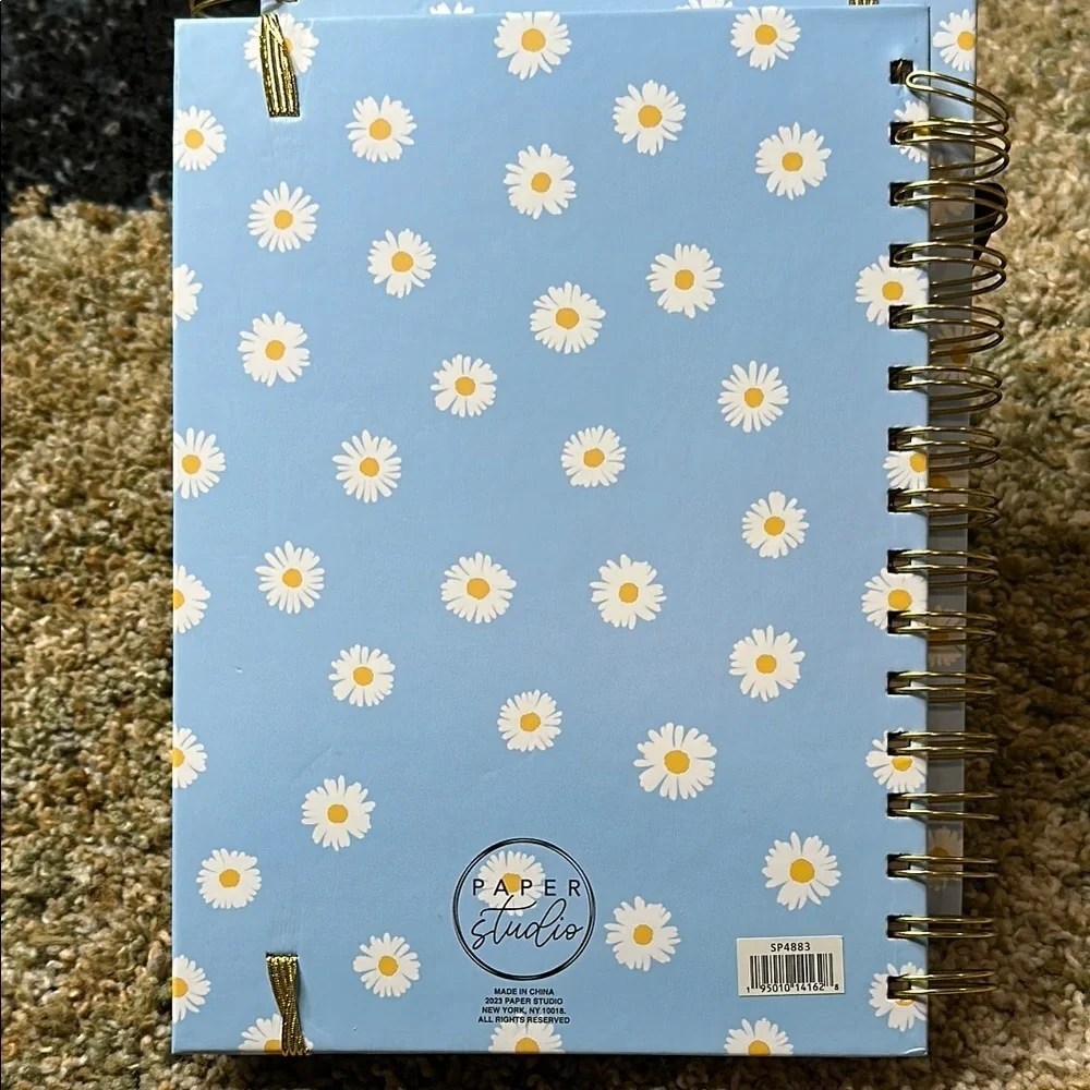 Paper Studio STAY POSITIVE Daisy Spiral Notebook Journal in Blue White Gold NWT